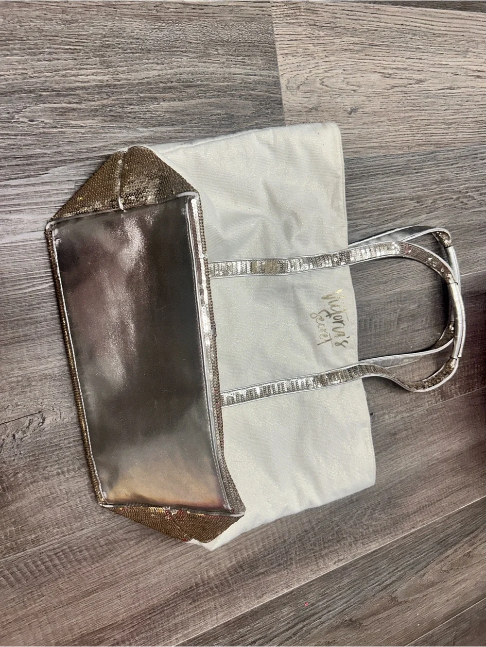 Victoria's Secret White and gold Metallic Tote Bag